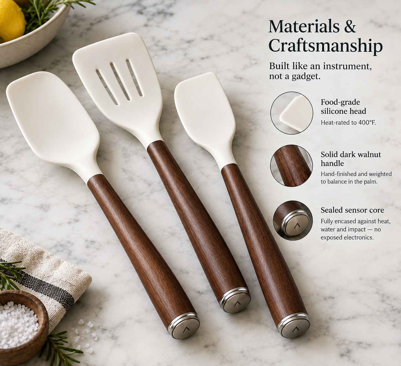 Spatula AI materials detail: silicone head, walnut handle, sensor ring